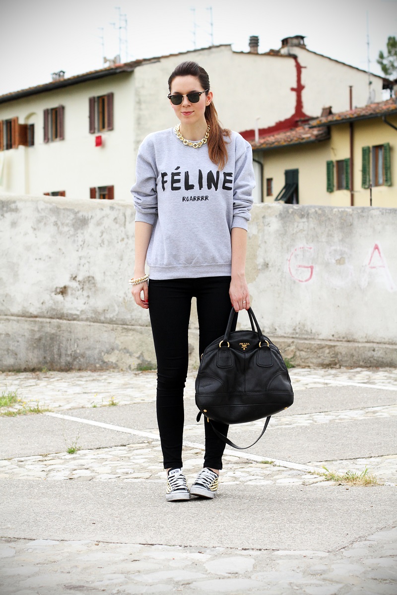 celine | feline | felpa cool | rayban | converse borchie | borsa prada | outfit | look | streetstyle | fashion blog | fashion blogger | irene colzi 2