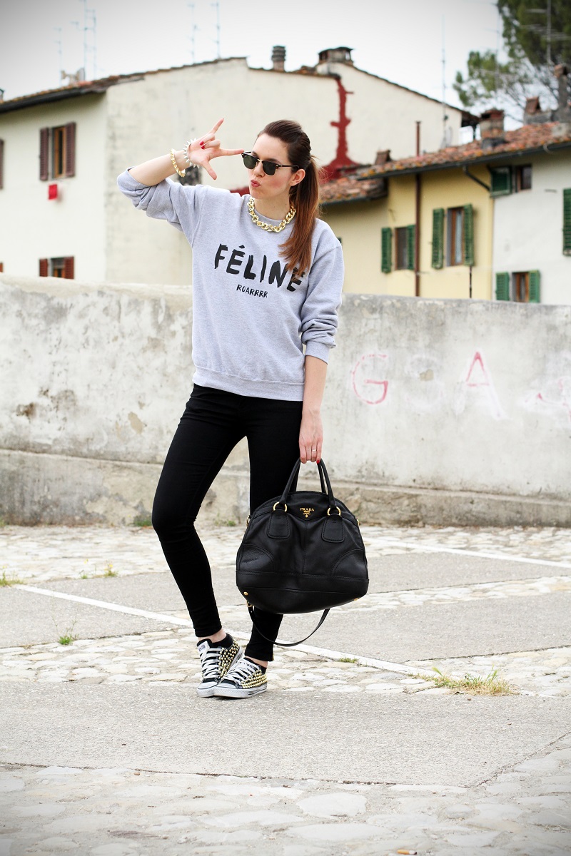 celine | feline | felpa cool | rayban | converse borchie | borsa prada | outfit | look | streetstyle | fashion blog | fashion blogger | irene colzi 1