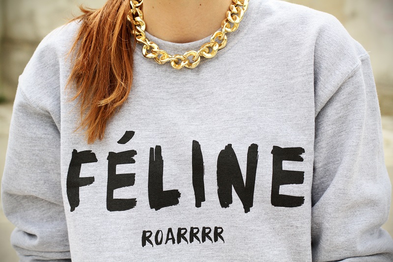 feline | celine | felpa divertente | scritta divertente | moda | fashion | catena oro | collana primark