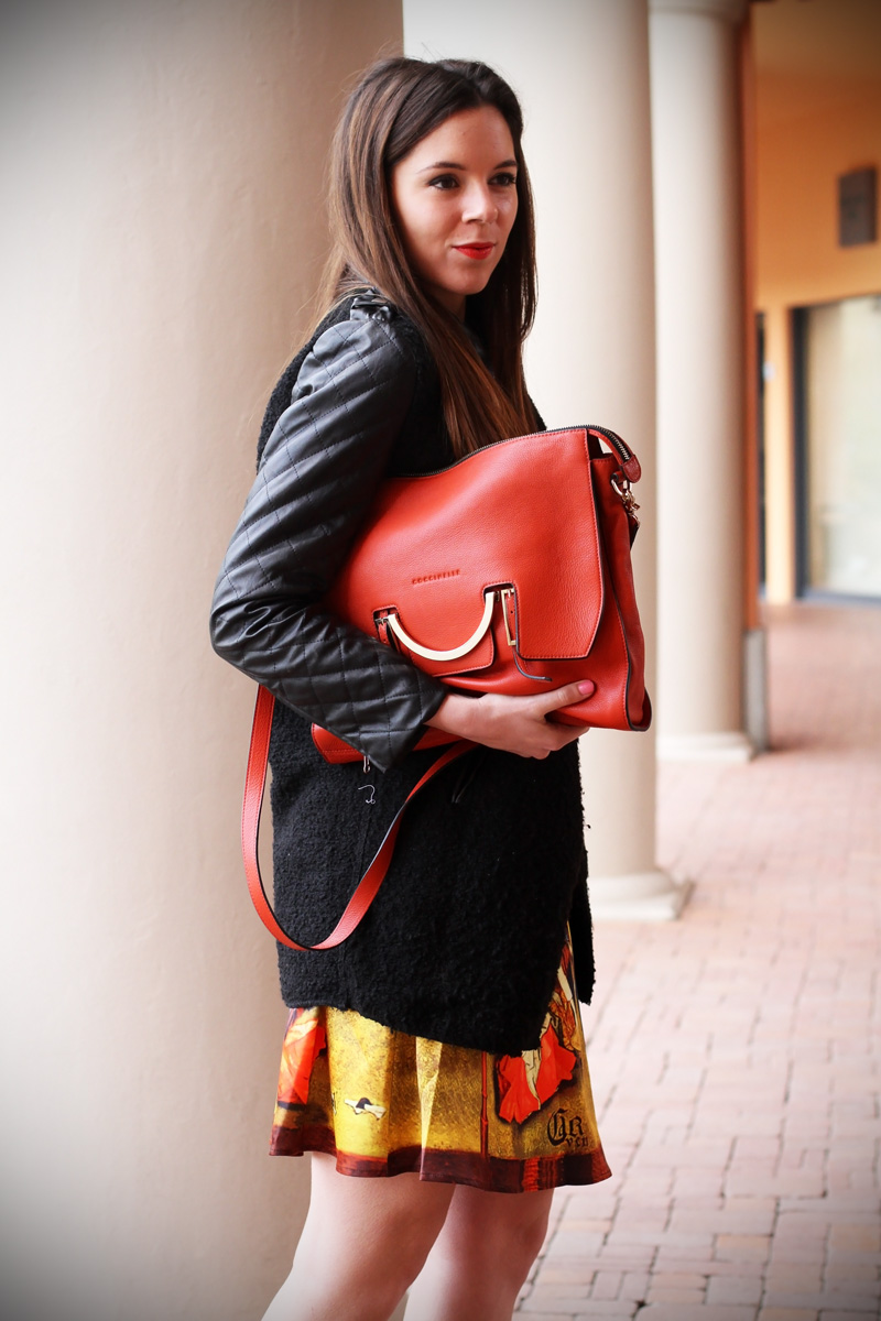 gonna a vita alta stampa dipinto quadro fashion blogger irene colzi irene closet borsa arancione coccinelle decollete tacco alto (7)