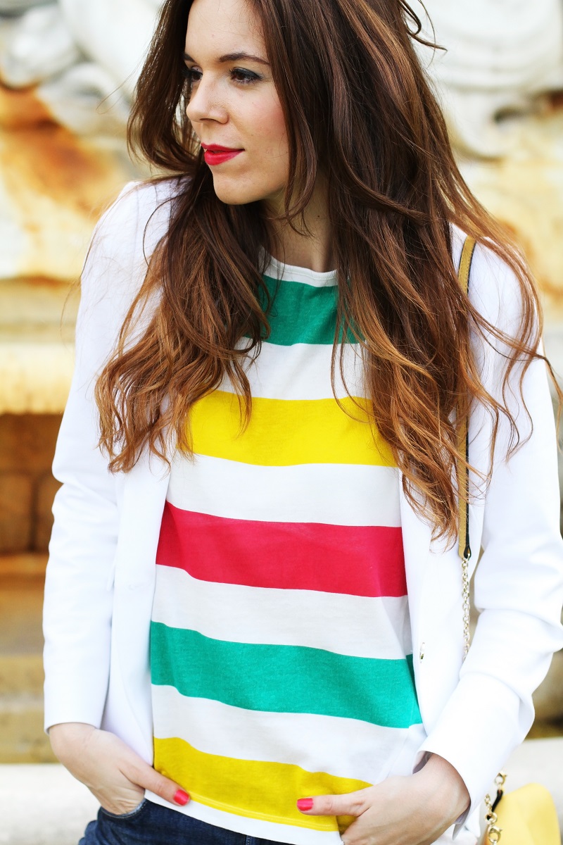 zara | hm | outfit | look | fashion blogger | righe | maglia righe | tee righe | giacca bianca | blazer bianco | jeans strappati | jeans alla caviglia | fashion blogger | fashion blog | fashion blogger italia | borsa coccinelle | coccinelle 