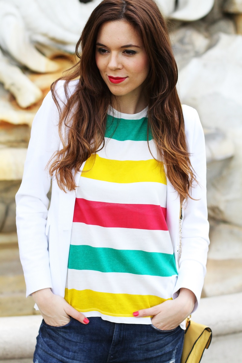 zara | hm | outfit | look | fashion blogger | righe | maglia righe | tee righe | giacca bianca | blazer bianco | jeans strappati | jeans alla caviglia | fashion blogger | fashion blog | fashion blogger italia | borsa coccinelle | coccinelle  1