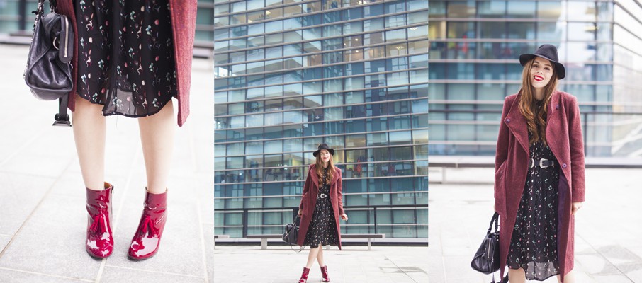 cappotto color vinaccia con vestito floreale