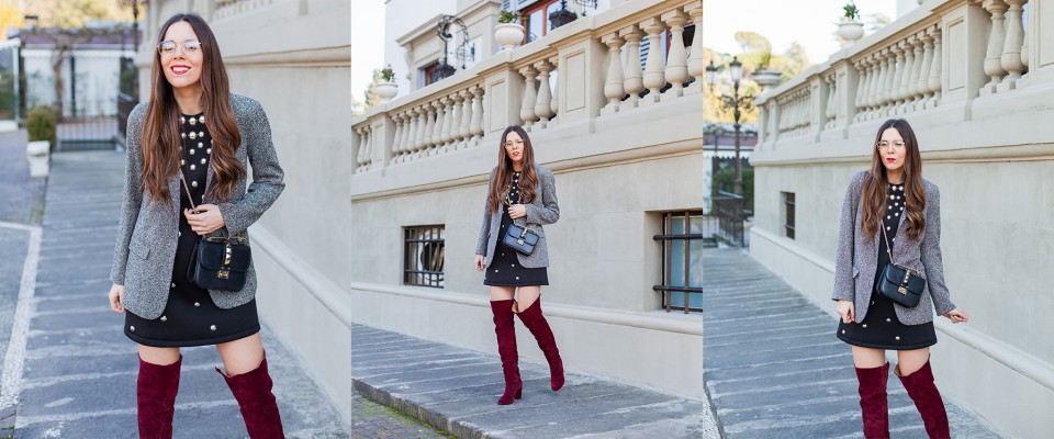 outfit con stivali in velluto e vestito nero