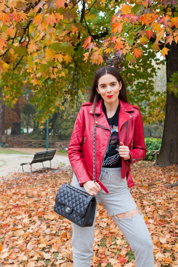 outfit look irene colzi look con chiodo rosso