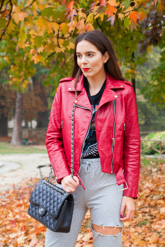 outfit look irene colzi look con chiodo rosso