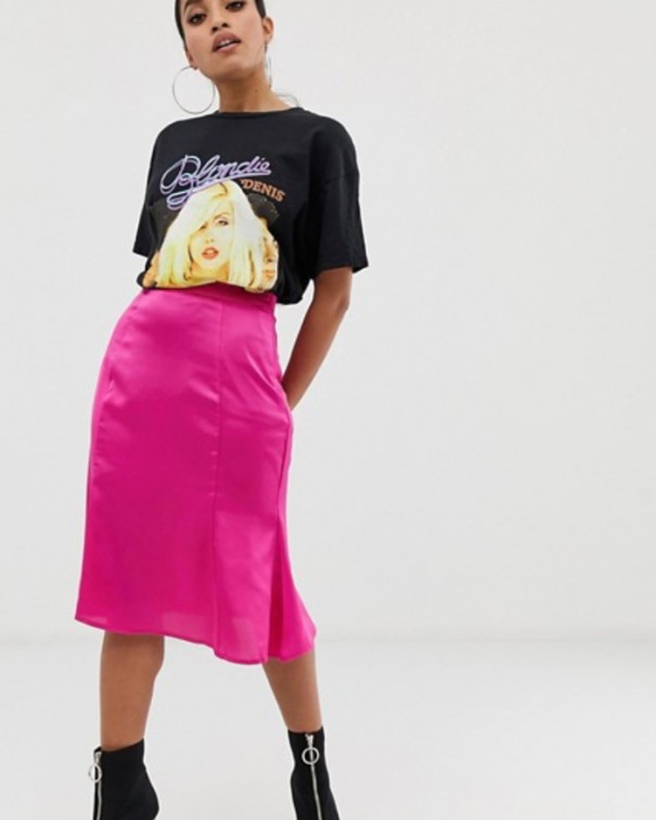 gonna midi in raso fucsia